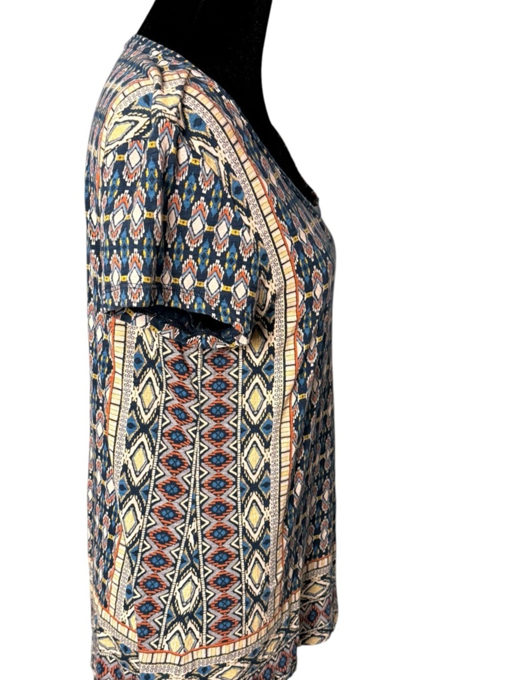 LUCKY BRAND Med Boho Tribal Lightweight Panel Print Short Sleeve Top - Picture 3 of 10